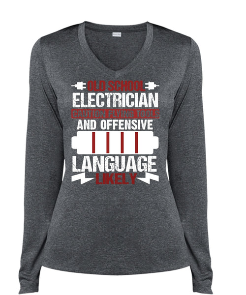 Old School Electrician T Shirt, Being An Electrician T Shirt, Cool Shirt (Ladies LS Heather V-Neck)