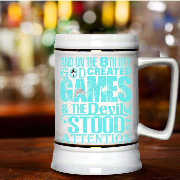 Cool Gamers Beer Stein 22oz, On The 8th Day God Created Games Beer Mug