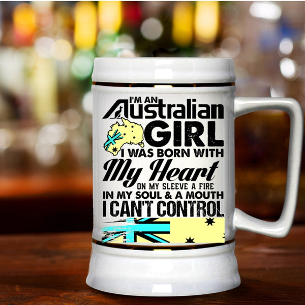 I Was Born With My Heart Beer Stein 22oz, I'm An Australian Girl Beer Mug