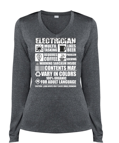 Electrician Multi-tasking T Shirt, Likes Beer T Shirt, Cool Shirt (Ladies LS Heather V-Neck)