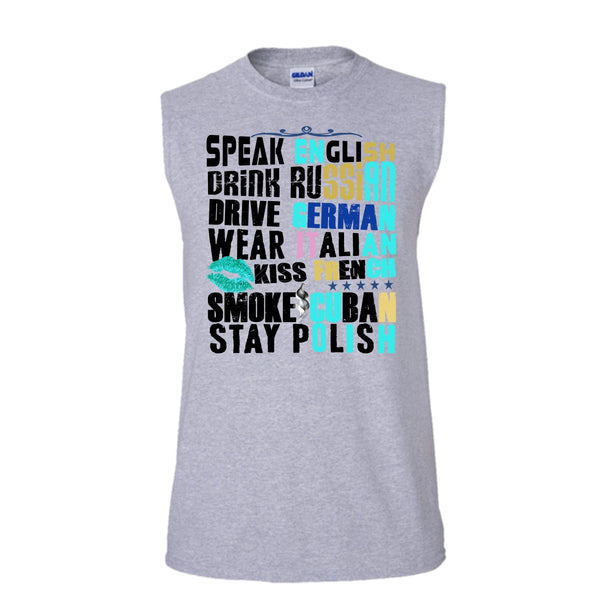 Speak English T Shirt, Drive German T Shirt, Awesome t-shirts (Men's Cotton Sleeveless)