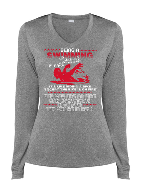 Being A Swimming Coach T Shirt, You're In Hell T Shirt, Cool Shirt (Ladies LS Heather V-Neck)