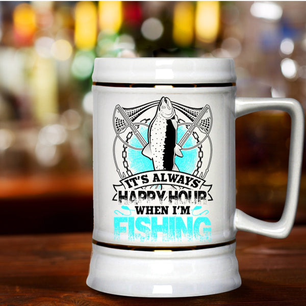 Funny Fisher Beer Stein 22oz, It's Always Happy Hour When I'm Fishing Beer Mug