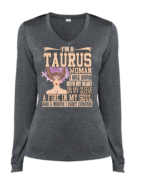 I'm A Taurus Woman T Shirt, Fire In My Soul T Shirt, Cool Shirt (Ladies LS Heather V-Neck)