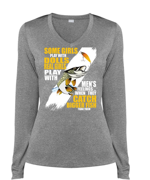 They Catch Bigger Fish T Shirt, Being A Fisher T Shirt, Cool Shirt (Ladies LS Heather V-Neck)