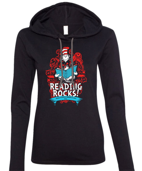 Dr. Seuss T Shirt, Reading Rocks T Shirt, The Cat in the Hat T Shirt, I Love Reading T Shirt (Anvil Ladies Ringspun Hooded)