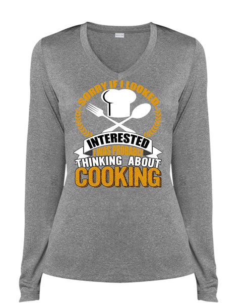 Thinking About Cooking T Shirt, Being A Chef T Shirt, Cool Shirt (Ladies LS Heather V-Neck)
