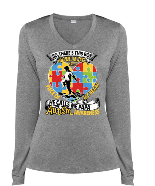 He Calls Me Papa Autism T Shirt, Piece Of My Heart T Shirt, Cool Shirt (Ladies LS Heather V-Neck)