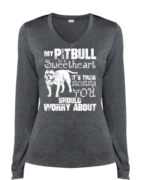 My Pit Bull Is Sweetheart T Shirt, It's Their Momma You T Shirt, Cool Shirt (Ladies LS Heather V-Neck)