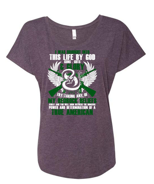 God Guns T Shirt, True American T Shirt, Cool Shirt (Ladies' Triblend Dolman Sleeve)