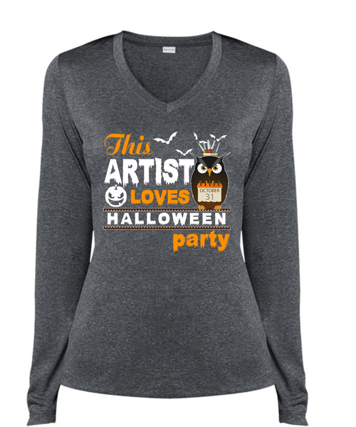 This Artist Loves Halloween Party T Shirt, I Love You Pumpkin T Shirt, Cool Shirt (Ladies LS Heather V-Neck)