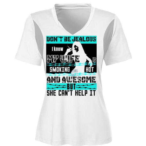 I Know My Wife T Shirt, She Can't Help It T Shirt, Cool Shirt (Ladies LS Heather V-Neck)