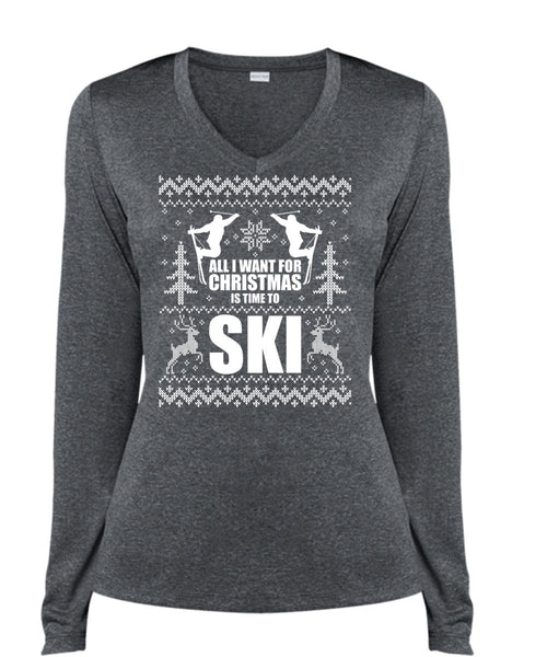 All I Want For Christmas Is Time To Ski T Shirt, Being A Skier T Shirt, Cool Shirt (Ladies LS Heather V-Neck)