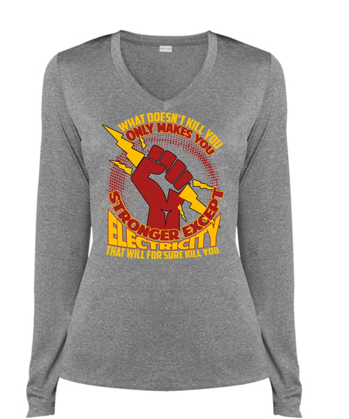 Stronger Except Electricity T Shirt, Being An Electrician T Shirt, Cool Shirt (Ladies LS Heather V-Neck)