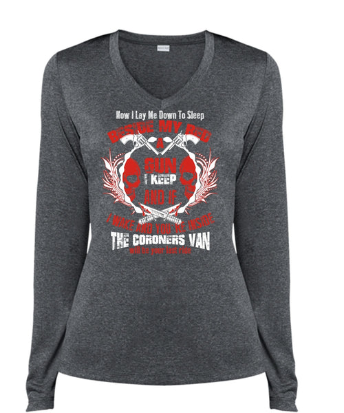 Beside My Bed A Gun T Shirt, Being A Gunner T Shirt, Cool Shirt (Ladies LS Heather V-Neck)