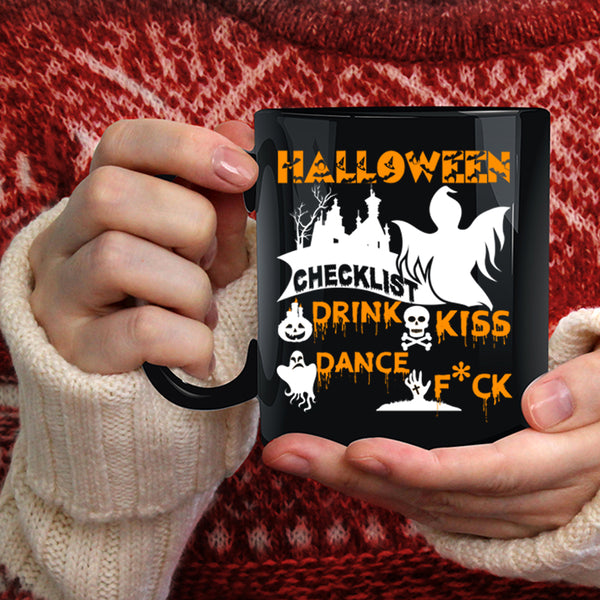 Halloween Checklist Coffee Mug, Drink Kiss Coffee Cup
