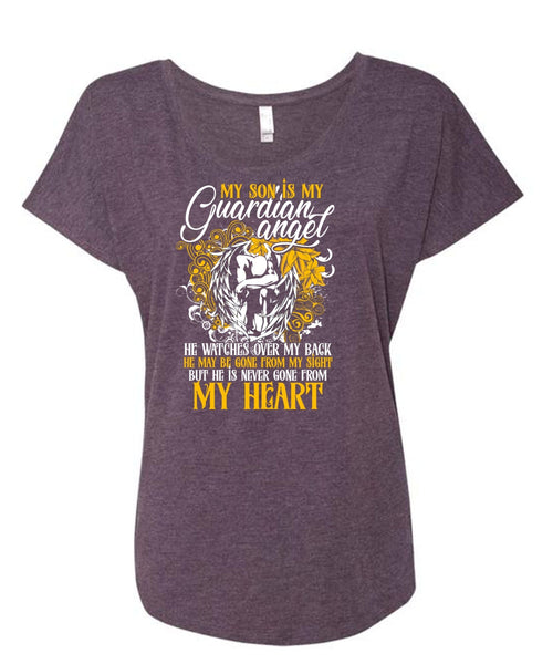 My Son Is My Guardian Angel T Shirt, My Heart T Shirt, Cool Shirt (Ladies' Triblend Dolman Sleeve)