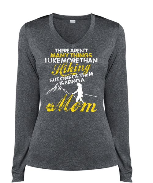 I Like More Than Hiking T Shirt, Being A Mom T Shirt, Cool Shirt (Ladies LS Heather V-Neck)