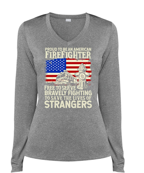 Proud To Be An American Firefighter T Shirt, Bravely Fighting T Shirt, Cool Shirt (Ladies LS Heather V-Neck)