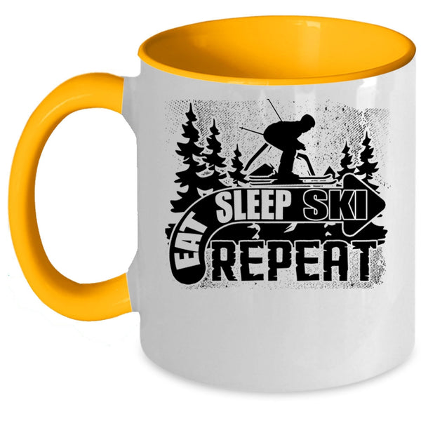 Outdoor Activity Coffee Mug, Eat Sleep Ski Repeat Accent Mug