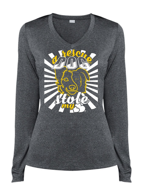 A Rescue Dog Stole My Heart T Shirt, Favorite T Shirt, I Love Dog T Shirt (Ladies LS Heather V-Neck)