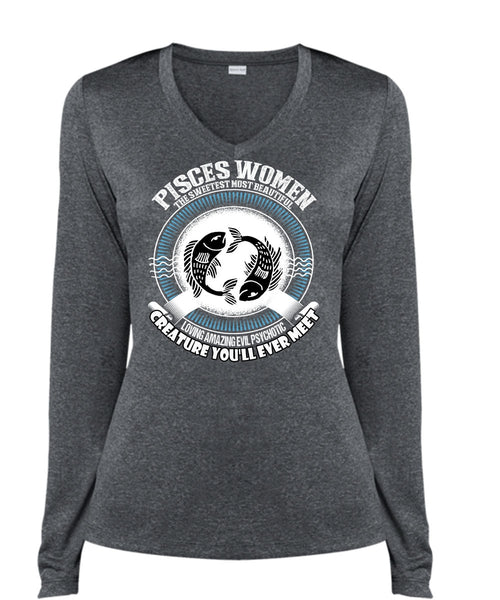 Pisces Women The Sweetest T Shirt, Loving Amazing T Shirt, Cool Shirt (Ladies LS Heather V-Neck)