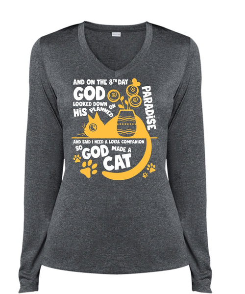 God Made A Cat T Shirt, His Planned On Paradise T Shirt, Cool Shirt (Ladies LS Heather V-Neck)
