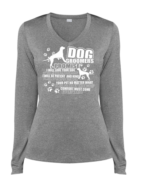 Dog Groomers Promise T Shirt, Being A Groomer T Shirt, Cool Shirt (Ladies LS Heather V-Neck)