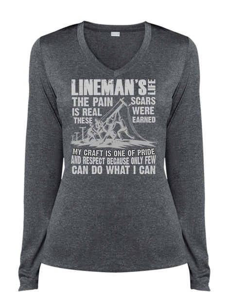 Lineman's Life T Shirt, The Pain Is Real T Shirt, Cool Shirt (Ladies LS Heather V-Neck)