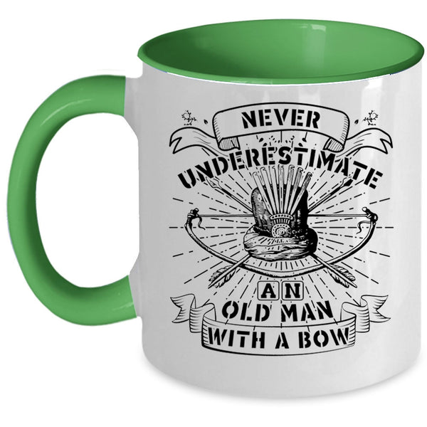 Cool Coffee Mug, Never Underestimate An Old Man With A Bow Accent Mug