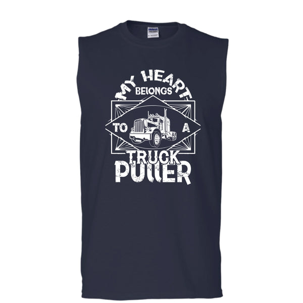 My Heart Belongs T Shirt, To A Truck Puller T Shirt, Cool T Shirt (Men's Cotton Sleeveless)