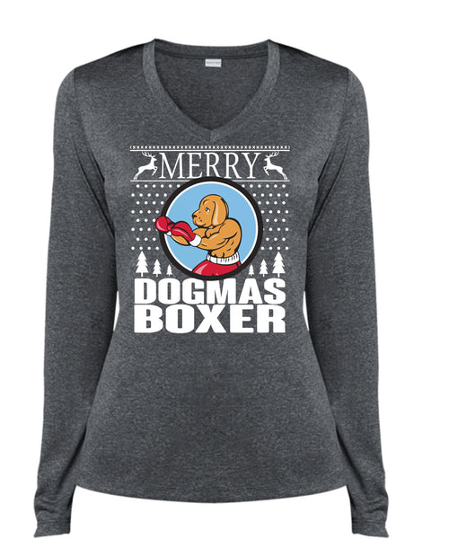 Merry Dogmas Boxer T Shirt, This Girl Loves Christmas T Shirt, Cool Shirt (Ladies LS Heather V-Neck)