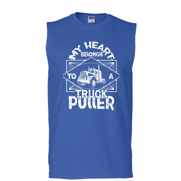 My Heart Belongs T Shirt, To A Truck Puller T Shirt, Cool T Shirt (Men's Cotton Sleeveless)