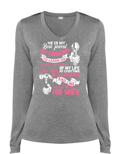 Proud To Be His Wife T Shirt, He Is My Best Friend T Shirt, Cool Shirt (Ladies LS Heather V-Neck)
