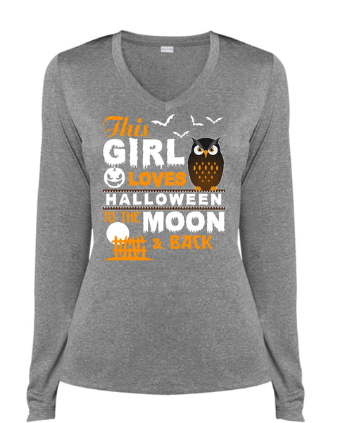 This Girl Loves Halloween To The Moon And Back T Shirt, I Love You Pumpkin T Shirt, Cool Shirt (Ladies LS Heather V-Neck)