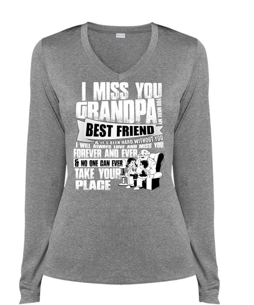 I Miss You Grandpa T Shirt, Best Friend T Shirt, Cool Shirt (Ladies LS Heather V-Neck)