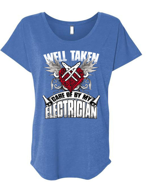 Care Of By My Electrician T Shirt, Being An Electrician T Shirt, Cool Shirt (Ladies' Triblend Dolman Sleeve)