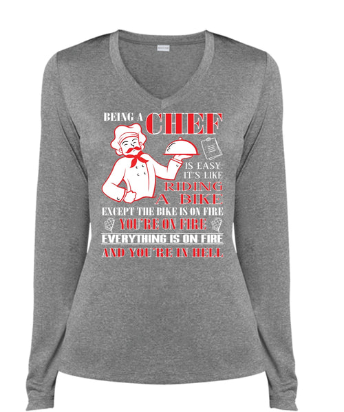 Being A Chef Is Easy T Shirt, It's Like Riding A Bike T Shirt (Ladies LS Heather V-Neck)