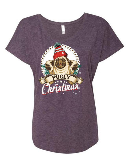 Pugly Christmas T Shirt, I Love Christmas T Shirt, Cool Shirt (Ladies' Triblend Dolman Sleeve)