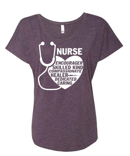 Nurse Encourager Skilled Kind T Shirt, Healer Dedicated Caring T Shirt, Cool Shirt (Ladies' Triblend Dolman Sleeve)