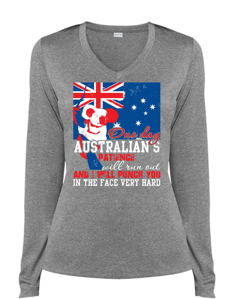 On Day Australian's Patience T Shirt, Being A Veteran T Shirt, Cool Shirt (Ladies LS Heather V-Neck)