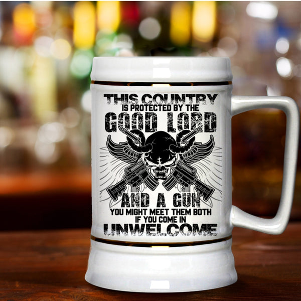 Funny Gunner Beer Stein 22oz, This Country Is Protected By The Good Lord Beer Mug