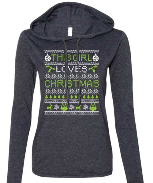 This Girl Loves Christmas T Shirt, Funny Winter T Shirt (Anvil Ladies Ringspun Hooded)