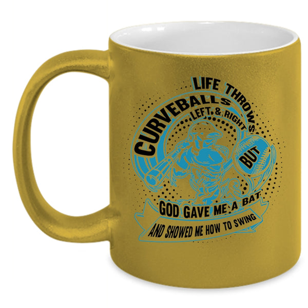 Funny Baseball Player Coffee Mug, Life Throws Curveballs Left And Right Accent Mug