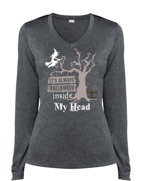 It's Always Halloween Inside My Head T Shirt, I Love You Pumpkin T Shirt, Cool Shirt (Ladies LS Heather V-Neck)
