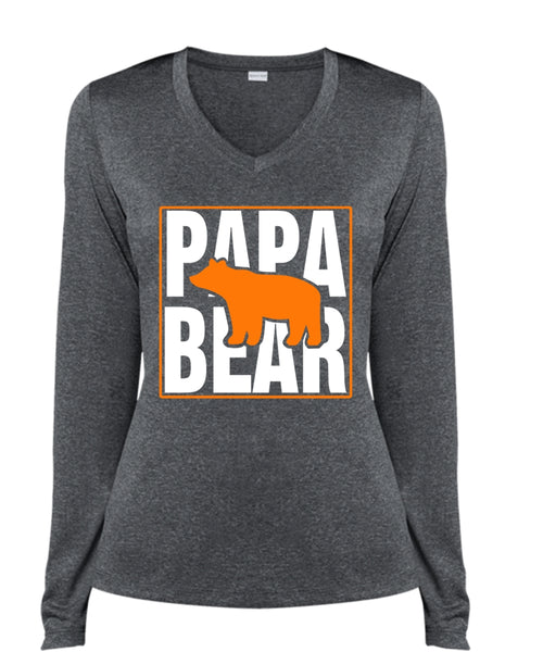 Papa Bear T Shirt, Father's Day T Shirt, Being A Papa T Shirt (Ladies LS Heather V-Neck)