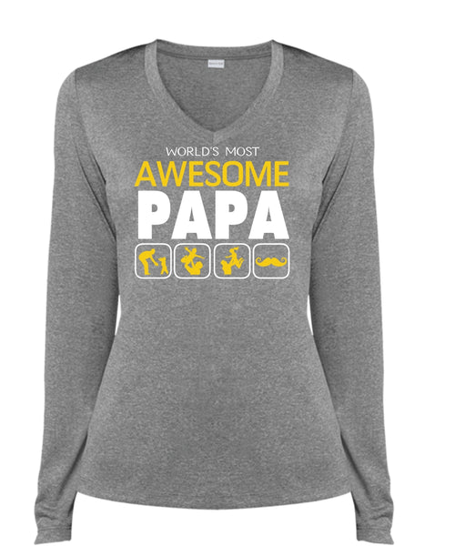 World's Most Awesome Papa T Shirt, Being A Papa T Shirt, Father's Day T Shirt (Ladies LS Heather V-Neck)