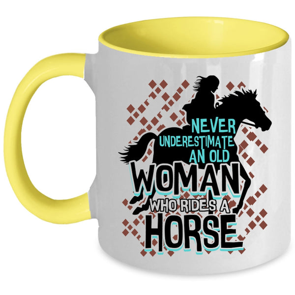 Cute Old Equestrian Coffee Mug, An Old Woman Rides A Horse Accent Mug