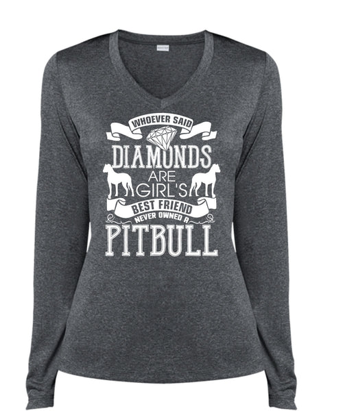 Never Owned A Pit Bull T Shirt, Diamonds Are Girl's Best Friend T Shirt, Cool Shirt (Ladies LS Heather V-Neck)
