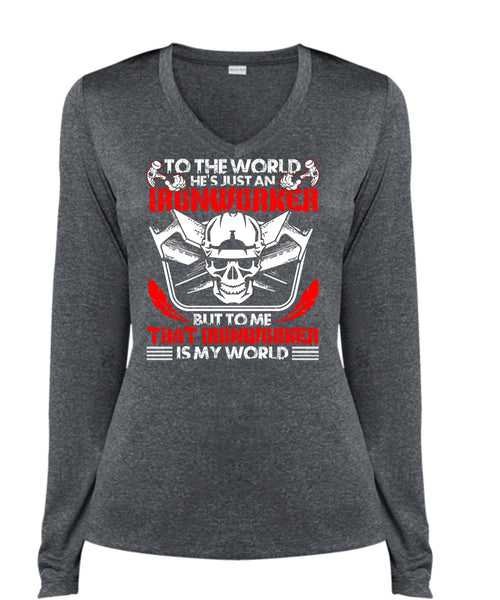 He's Just An Ironworker T Shirt, Ironworker Is My World T Shirt, Cool Shirt (Ladies LS Heather V-Neck)